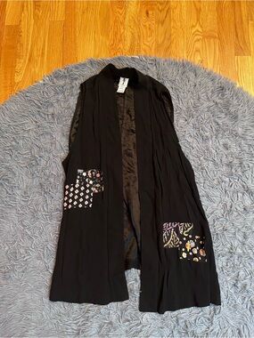 Yasuko Black Sleeveless Long Kimono Silk Vest Patchwork Art To Wear Size M L